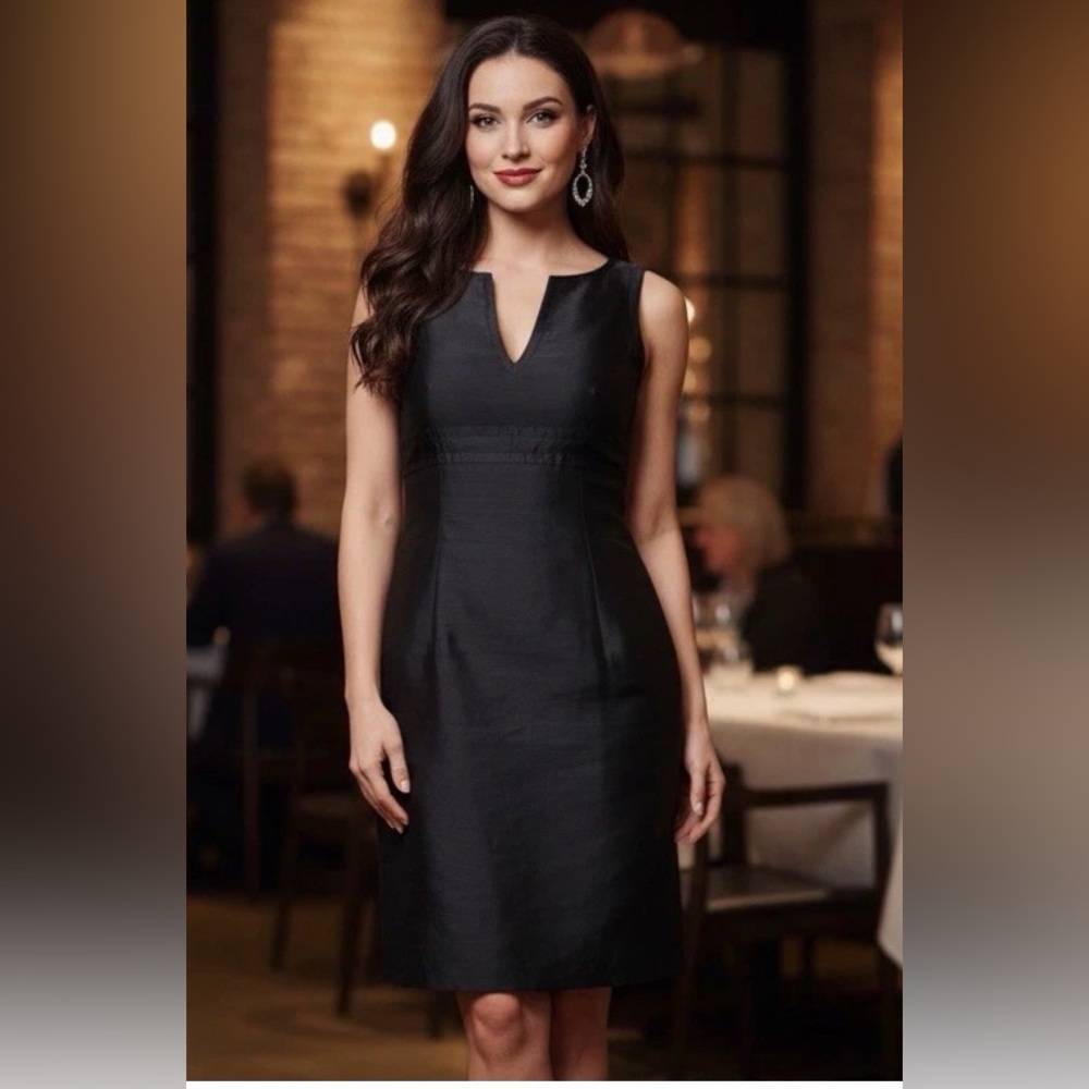 Cocktail Dress Trina Turk Black Sheath  2 Raw Silk Blend Notched Neck Preppy